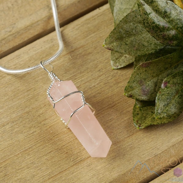 ROSE QUARTZ Crystal Pendant - Wire Wrapped Crystal Necklace, Crystal Points, Birthstone, Handmade Jewelry, E0142