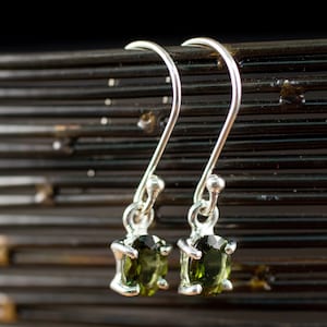 MOLDAVITE Earrings - Sterling Silver, Prong Faceted - Moldavite Crystal, Dangle Earrings, Genuine Moldavite Jewelry, E2065