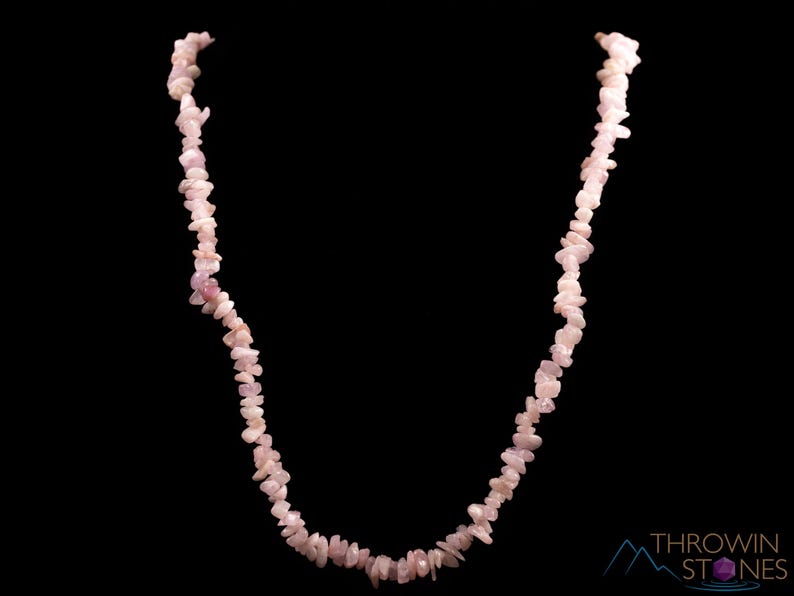 These pale pink Kunzite crystal necklaces have crystal chip beads strung on beading cord for an endless necklace. 
Crystals are nature-made therefore each one is unique in appearance.