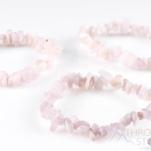 These pale pink Kunzite crystal bracelets have chip beads strung on elastic for an endless bracelet.  
Crystals are nature-made therefore each one is unique in appearance.