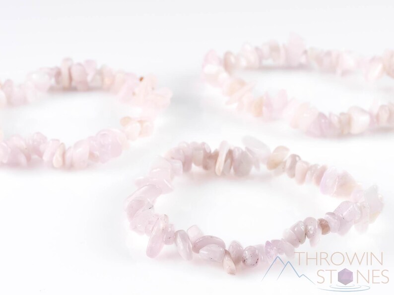 These pale pink Kunzite crystal bracelets have chip beads strung on elastic for an endless bracelet.  
Crystals are nature-made therefore each one is unique in appearance.