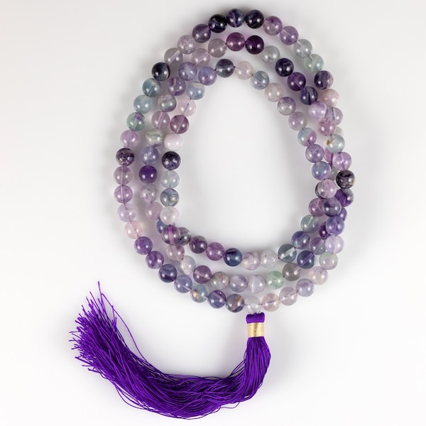 Rainbow FLUORITE Crystal Necklace, Mala - Handmade Jewelry, Beaded Necklace, Healing Crystals and Stones, E0671