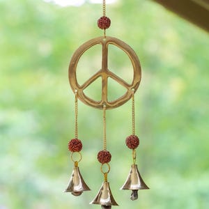 WINDSPIEL - Peace Zeichen, RUDRAKSHA Perlen, Gold, Glöckchen - Windspiel für Draußen, Wohnkultur, E1103