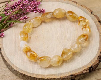 CITRINE Crystal Bracelet  :  Tumbled Yellow Birthstone Bead Handmade  Healing Stone Elastic Jewelry, E1211
