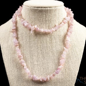 These pale pink Kunzite crystal necklaces have crystal chip beads strung on beading cord for an endless necklace. 
Crystals are nature-made therefore each one is unique in appearance.