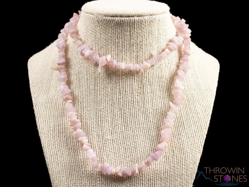 These pale pink Kunzite crystal necklaces have crystal chip beads strung on beading cord for an endless necklace. 
Crystals are nature-made therefore each one is unique in appearance.