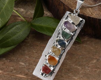 7 CHAKRA SELENITE Crystal Pendant  -  Raw Satin Spar Tumbled Rainbow Gemstone Metaphysical Jewelry, E0284