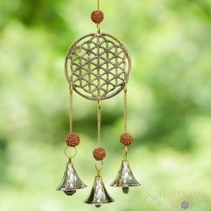 WIND CHIME - Flower of Life, RUDRAKSHA Beads, Gold, Bells - Windchimes for Outdoors, Home Decor, E0494