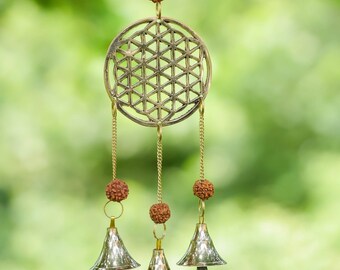 WIND CHIME - Flower of Life, RUDRAKSHA Beads, Gold, Bells - Windchimes for Outdoors, Home Decor, E0494