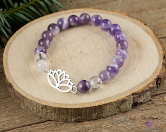 CHEVRON AMETHYST Crystal Bracelet - Lotus Flower, Clear QUARTZ, Round Beads - Charm Bracelet, Beaded Bracelet, Handmade Jewelry, E1437