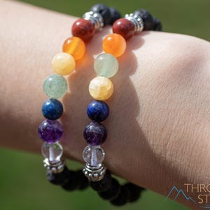 CHAKRA & LAVA Rock Crystal Bracelet  :  8mm Round Beads, Aromatherapy Diffuser, Handmade Jewelry, E1968