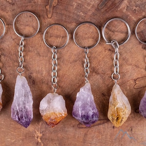 Raw AMETHYST CITRINE Crystal Keychain  :  Metaphysical Pocket Stones, Yellow Purple Birthstone Gift, E2052