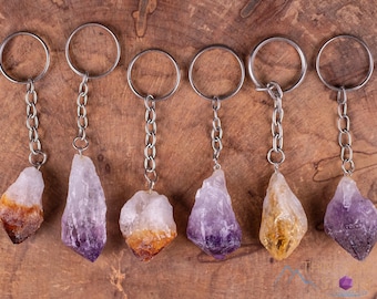 Raw AMETHYST CITRINE Crystal Keychain  :  Metaphysical Pocket Stones, Yellow Purple Birthstone Gift, E2052