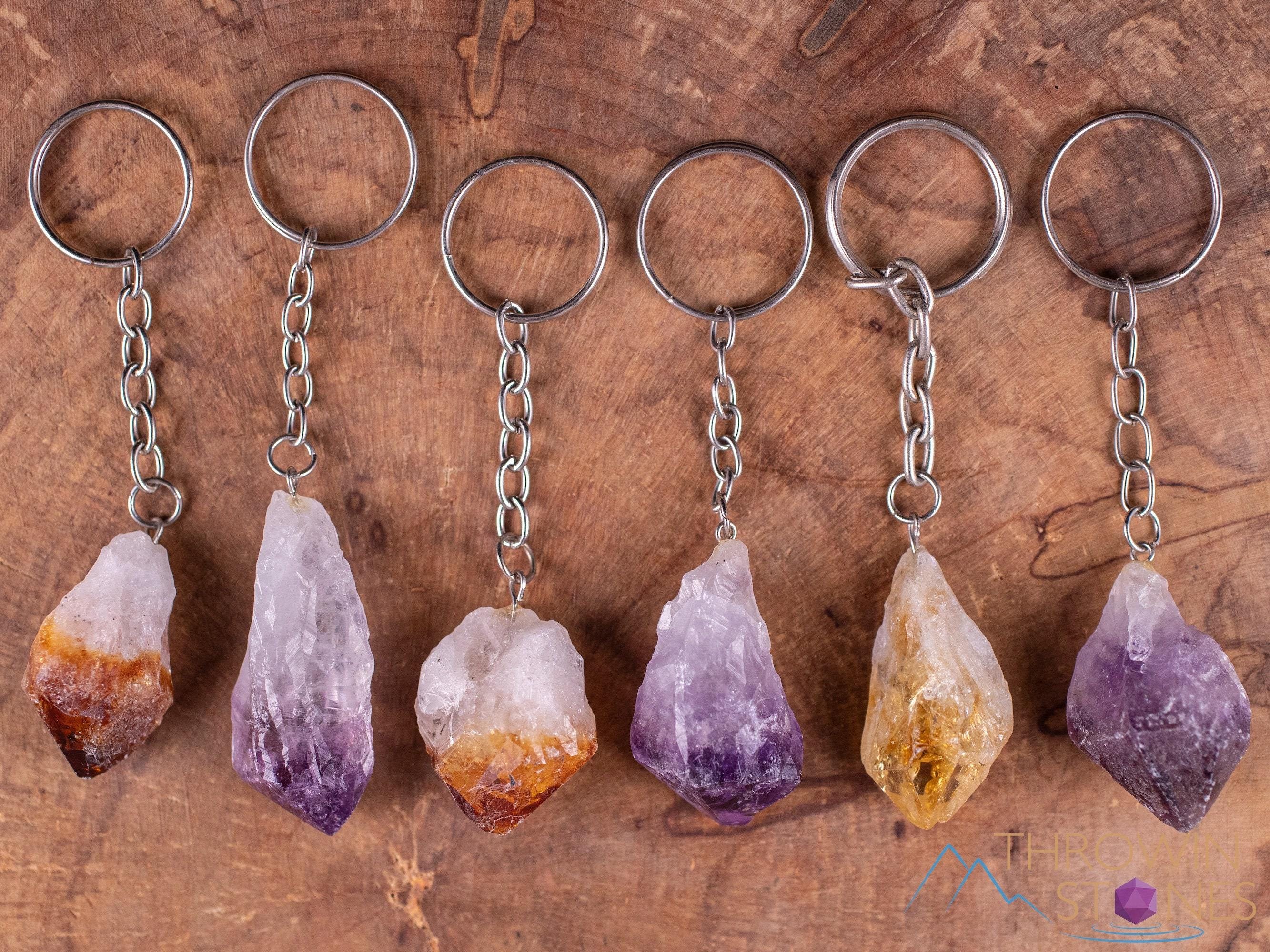 Raw AMETHYST CITRINE Crystal Keychain : Metaphysical Pocket Stones