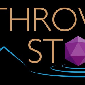 May include: The logo features the words "THROWIN STONES" in a gold serif font. A geometric purple gem is centered below the text, with blue water-like lines beneath it. Two blue mountain peaks are on the left side, all set against a black background.