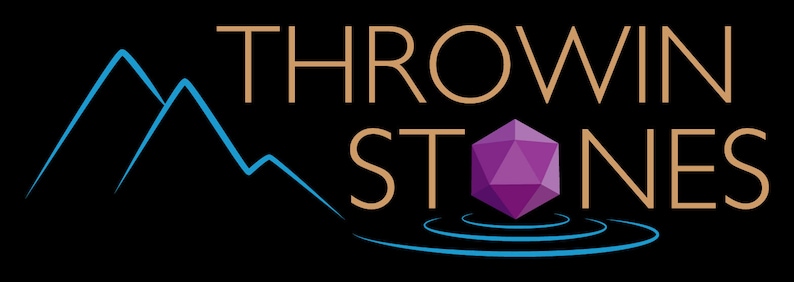 May include: The logo features the words "THROWIN STONES" in a gold serif font. A geometric purple gem is centered below the text, with blue water-like lines beneath it. Two blue mountain peaks are on the left side, all set against a black background.