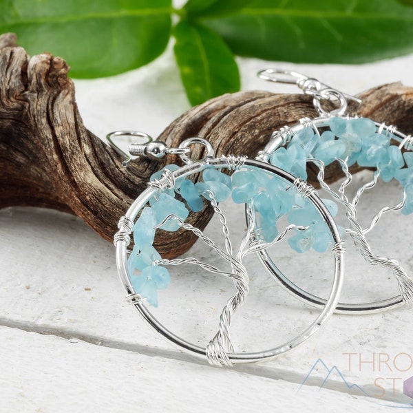 Tree of Life Earrings, BLUE APATITE Crystal Statement Earrings - Dangle Earrings, Handmade Jewelry, E0898