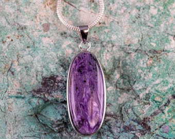 CHAROITE Crystal Pendant - Sterling Silver, Polished Oval Genuine Purple Stone Jewelry, J1664