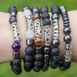 LAVA ROCK Crystal Bracelet With Antique Silver Beads  :  8mm Amethyst, Hematite Aromatherapy Jewelry, E2040