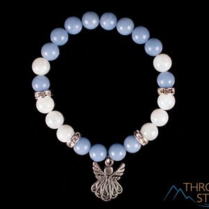 ANGELITE And MOONSTONE Crystal Bracelet  :  8mm Round Beads Angel Charm Handmade Elastic Jewelry, E2050