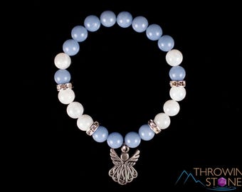ANGELITE And MOONSTONE Crystal Bracelet  :  8mm Round Beads Angel Charm Handmade Elastic Jewelry, E2050