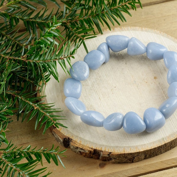 ANGELITE Crystal Bracelet - Tumbled Beads - Beaded Bracelet, Handmade Jewelry, Healing Crystal Bracelet,  E1348