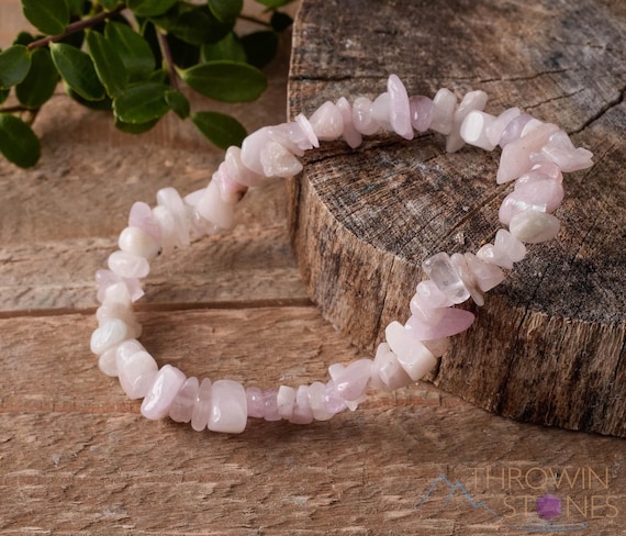 Pink KUNZITE Crystal Bracelet  :  Natural Stone Chip Bead Handmade Stretchy Healing Jewelry, E0647