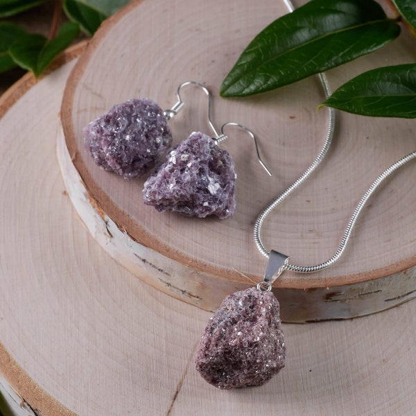 Ruwe LEPIDOLITE kristallen ketting oorbellen set - ruwe kristallen ketting, bungelende oorbellen, sieraden, E0545