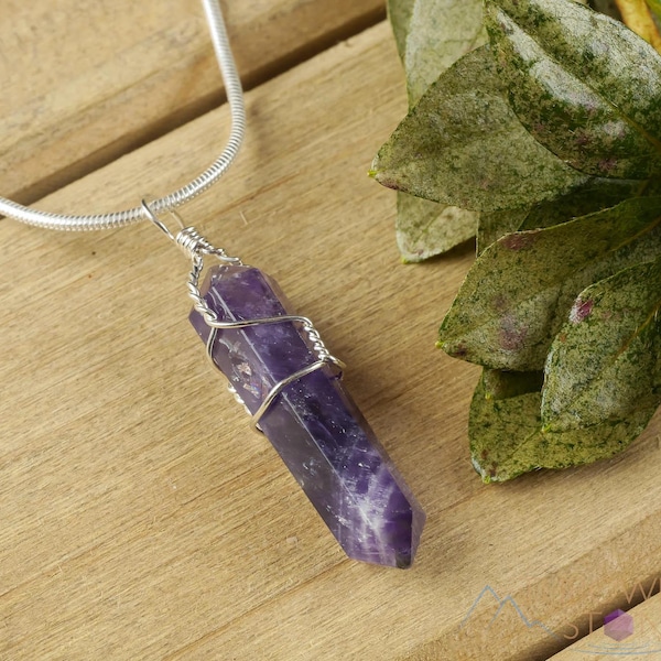 AMETHYST Crystal Pendant - Wire Wrapped Polished Stone Point Necklace, Birthstone Statement Jewelry, E0141