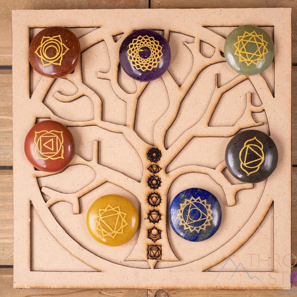 CHAKRA Crystals with Crystal Grid Wooden Box - Tree of Life - Metaphysical Reiki Healing Crystals, Self Care Kit Crystal Set  E1753
