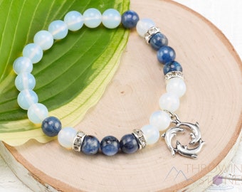 OPALITE & KYANITE Crystal Bracelet - Dolphin Charm, Round Beads - Charm Bracelet, Beaded Bracelet, Handmade Jewelry, E0974