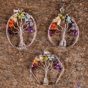 Tree of Life Pendant, CHAKRA Crystal Pendant - Teardrop, Oval, Hexagon - Tree of Life Chakra Necklace, Wire Wrapped Jewelry, E2000