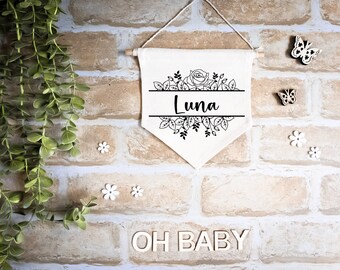 Blooms of Love: Personalised Birth Flower Name Flag - Enchanting Nursery Decor for Your Little One's Special Space