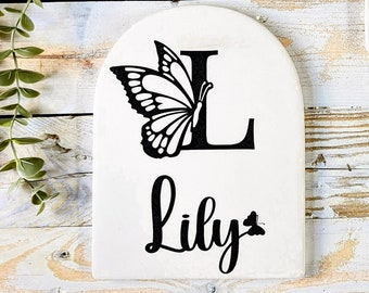 Custom Ceramic Butterfly Arch Name Plaque with Initial - Nursery Decor - Name Sign - Baby Name Plaque - Baby Gift - Butterfly Nursery