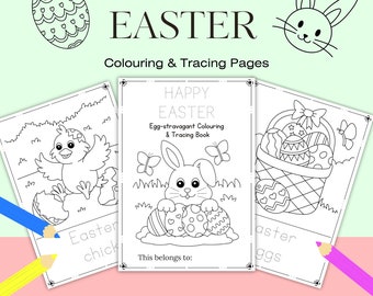 Easter Colouring Pages, 20 Easy Colouring Pages For Kids, Instant Download, Colouring and Tracing Book, Digital Product