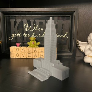 May include: A gray miniature building with a detailed facade, resembling a skyscraper. The model is placed on a shelf, flanked by two white cherub figurines with gold accents. A framed sign with the text "When gets too hard, stand" is in the background.