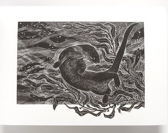 Nutria de marisma salada / Impresión Linocut hecha a mano / nadando a través de las algas y el agua / arte original de la vida silvestre / Serie Gower impresa a mano