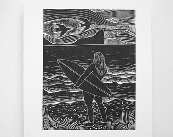 Surfing at Llangennith | Original Linocut Lino Print | Worms Head Gower Handmade Linocut Art | Women Surf