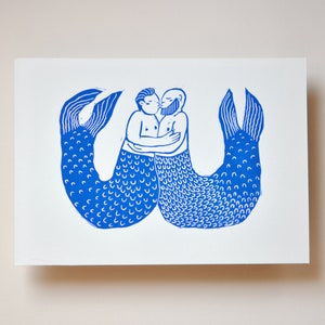 Two Mermen | Original handmade linocut print art | two men embracing and in love | Gay couple | Wild swimming