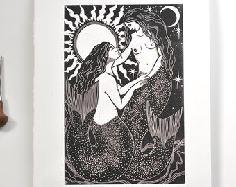 Sapphic Seas Linocut Print | Mermaid Art | Original Handmade Handprinted |