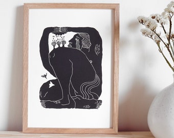 The Crying Giant | Original Linocut Print inspired by tales of nature | Minimalist Handmade Art