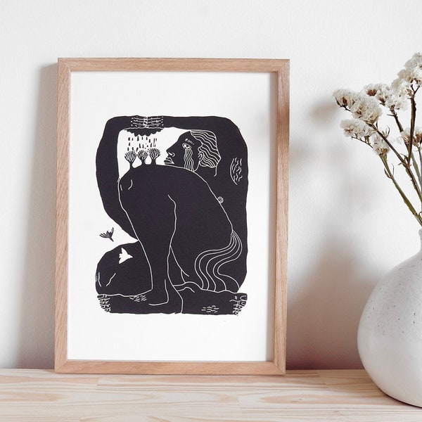 The Crying Giant | Original Linocut Print inspired by tales of nature | Minimalist Handmade Art