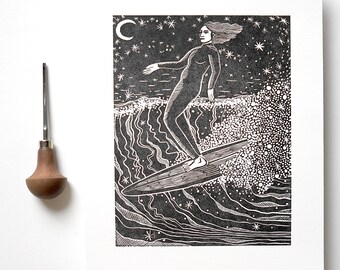 Surfing In The Stars | Original Handmade Linocut Print | Longboard Wave | Starry Sky | Lino Print Woman