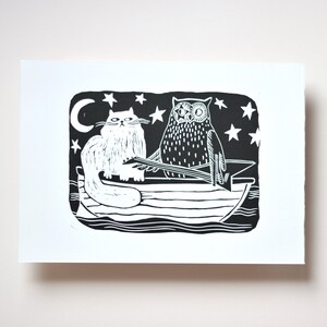 The Owl and The Pussycat Linocut Print Art | KISS | Nursery Rhyme | Childrens Bedroom | Original Handmade Gift