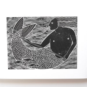 Merman Linocut Print | Original Handmade Lino Print Art | Wild Swimming | Mermaid under water