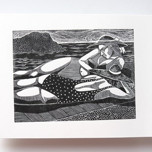 Rotherslade Beach | Original Linocut Print | Handmade Wild Swimming Art | Women Sunbathing near Donkey Rock on The Gower