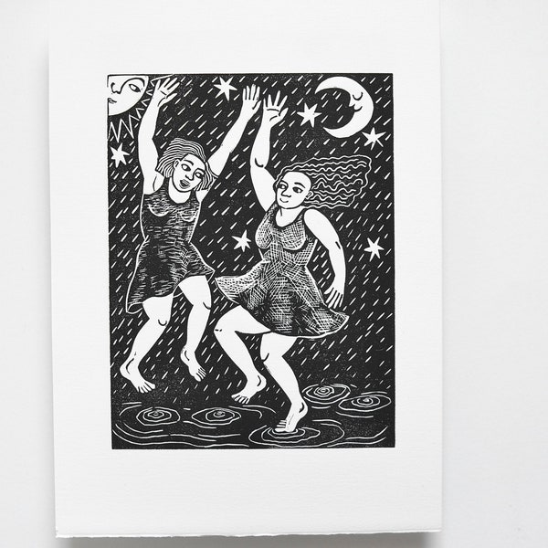 Sun and Moon | Original Linocut Print | two women dancing in the rain under the stars art