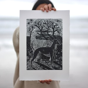 A3 Sighthounds In The Snowdrops | Original Linocut Print | Handmade dog art | greyhounds lino print