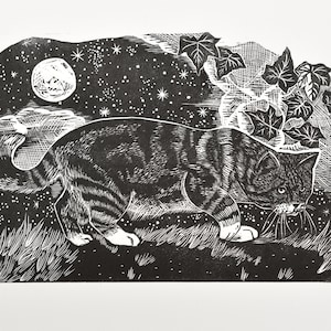 A Cat in the night | Linocut Print | Original Handmade Art