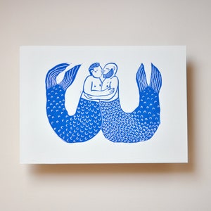 Two Mermen | Original handmade linocut print art | two men embracing and in love | Gay couple | Wild swimming